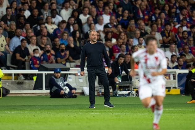 Spain-Football-Champions League FC Barcelona, Barca v Olympiacos in Barcelona, Spain. Barcelona, Spain, 21, October, 2025. Hansi Flick, head coach of FC Barcelona during Champions League match between FC Barcelona and Olympiacos in Olympic Stadium Lluis Companys, Barcelona, Spain, on October 21, 2025. Barcelona Olympic Stadium Lluis Companys Barcelona Spain