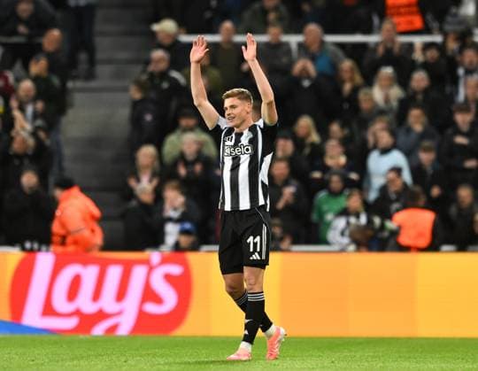 Harvey Barnes of Newcastle United celebrates scoring their second goal Newcastle United v Benfica, UEFA Champions League, Group Stage, Football, St James Park, Newcastle, UK - 21 Oct 2025Newcastle St James Park United Kingdom EDITORIAL USE ONLY No use with unauthorised audio, video, data, fixture lists, club league logos or live services. Online in-match use limited to 120 images, no video emulation. No use in betting, games or single club league player publications. Copyright: xRichardxLee Shutterstockx 15552303bh