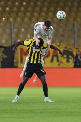 Alfie Dorrington of Aberdeen wins an aerial duel with Aboubakary Koita of AEK AEK Athens v Aberdeen, UEFA Conference League, Group Stage, Football, OPAP Arena, Athens, Greece - 23 Oct 2025Athens OPAP Arena Greece EDITORIAL USE ONLY No use with unauthorised audio, video, data, fixture lists, club league logos or live services. Online in-match use limited to 120 images, no video emulation. No use in betting, games or single club league player publications. Copyright: xCostasxBaltas Shutterstockx 15567740ao