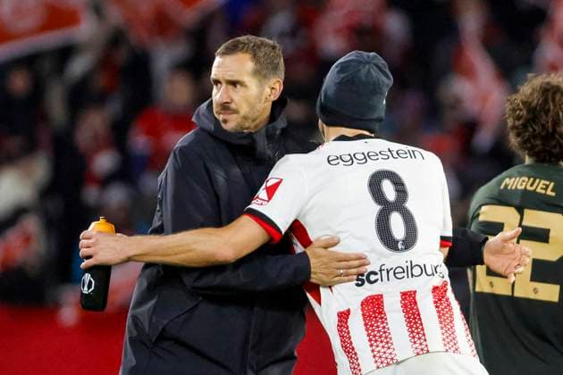 Julian Schuster SC Freiburg, Coach and Maximilian Eggestein SC Freiburg, 08 after the match , Germany, UEFA Europa League, Matchday 3, 2025 2026, SC Freiburg vs FC Utrecht, 23 10 2025, Stadion am Wolfswinkel, Freiburg, Germany Freiburg Stadion am Wolfswinkel Baden Württemberg Germany Copyright: xGrantxHubbsx