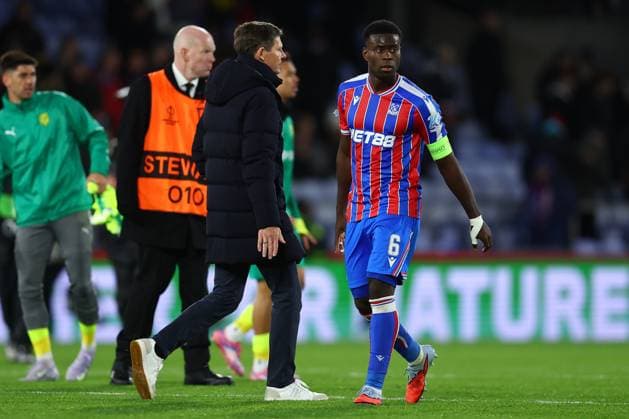 London, England, 23rd October 2025. Oliver Glasner, Manager of Crystal Palace and Marc Guehi of Crystal Palace walk past each other at the end of the Crystal Palace vs AEK Larnaca UEFA Conference League match at Selhurst Park, London. Picture credit should read: Paul Terry Sportimage EDITORIAL USE ONLY. No use with unauthorised audio, video, data, fixture lists, club league logos or live services. Online in-match use limited to 120 images, no video emulation. No use in betting, games or single club league player publications. SPI_040_PT_Crystal_Palace_Larnaca SPI-4231-0039