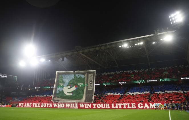 . - Crystal Palace v AEK Larnaca, UEFA Conference League, League Phase, MD3, Selhurst Park Stadium, London, England. - 23rd October 2025. (C) Daniel Weir Crystal Pix Crystal Palace fans TIFFO display with a map with London to Leipzig and we are the boys who will win your little game. - Crystal Palace v AEK Larnaca, UEFA Conference League, League Phase, MD3, Selhurst Park Stadium, London, England. - 23rd October 2025. (C) Daniel Weir Crystal Pix London Selhurst Park Stadium England Copyright: xDanielxWeirx CP_Crystal_Palace_AEK_Lanarca_231025_DW_01