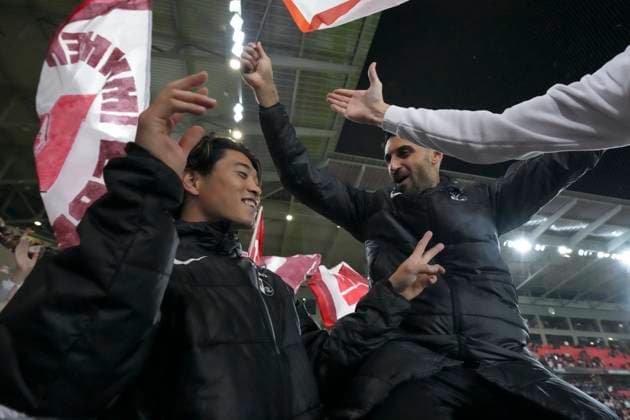Yuito Suzuki SC Freiburg, 14 and Vincenzo Grifo SC Freiburg, 32 at Fans Ultras , Germany, Football, UEFA Europa League, Matchday 3, League Phase, 2025 2026, SC Freiburg vs FC Utrecht, 23 10 2025, Europa Park Stadion, Freiburg, Germany Freiburg Europa Park Stadion Baden Württemberg Germany Copyright: xArnexAmbergx