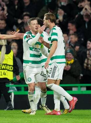 Benjamin Nygren of Celtic celebrates with Celtic captain Callum McGregor after scoring to give Celtic a 2-1 lead. Celtic v Sturm Graz, UEFA Europa League, Group Stage, Football, Celtic Park, Glasgow, Scotland, UK - 23 Oct 2025Glasgow Celtic Park United Kingdom EDITORIAL USE ONLY No use with unauthorised audio, video, data, fixture lists, club league logos or live services. Online in-match use limited to 120 images, no video emulation. No use in betting, games or single club league player publications. Copyright: xStuartxWallace Shutterstockx 15567786cn