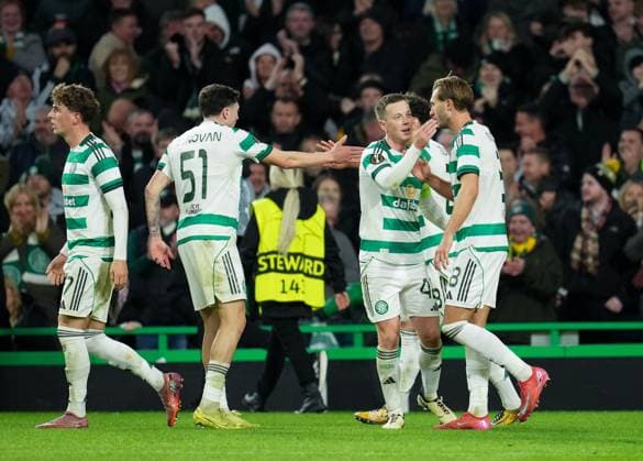 Benjamin Nygren of Celtic celebrates with Celtic captain Callum McGregor after scoring to give Celtic a 2-1 lead. Celtic v Sturm Graz, UEFA Europa League, Group Stage, Football, Celtic Park, Glasgow, Scotland, UK - 23 Oct 2025Glasgow Celtic Park United Kingdom EDITORIAL USE ONLY No use with unauthorised audio, video, data, fixture lists, club league logos or live services. Online in-match use limited to 120 images, no video emulation. No use in betting, games or single club league player publications. Copyright: xStuartxWallace Shutterstockx 15567786co