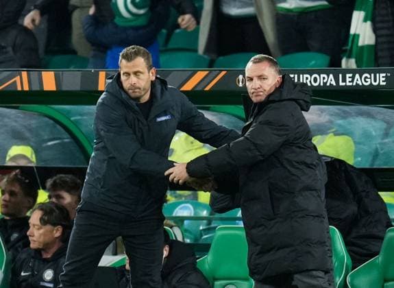 Sturm Graz Head Coach Jurgen Samuel & Celtic Manager Brendan Rodgers shake hands at full-time. Final score Celtic 2 Sturm Graz 1. Celtic v Sturm Graz, UEFA Europa League, Group Stage, Football, Celtic Park, Glasgow, Scotland, UK - 23 Oct 2025Glasgow Celtic Park United Kingdom EDITORIAL USE ONLY No use with unauthorised audio, video, data, fixture lists, club league logos or live services. Online in-match use limited to 120 images, no video emulation. No use in betting, games or single club league player publications. Copyright: xStuartxWallace Shutterstockx 15567786dd
