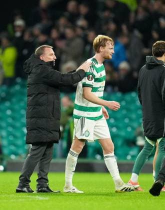 Celtic Manager Brendan Rodgers with Liam Scales of Celtic at full-time. Final score Celtic 2 Sturm Graz 1. Celtic v Sturm Graz, UEFA Europa League, Group Stage, Football, Celtic Park, Glasgow, Scotland, UK - 23 Oct 2025Glasgow Celtic Park United Kingdom EDITORIAL USE ONLY No use with unauthorised audio, video, data, fixture lists, club league logos or live services. Online in-match use limited to 120 images, no video emulation. No use in betting, games or single club league player publications. Copyright: xStuartxWallace Shutterstockx 15567786dk