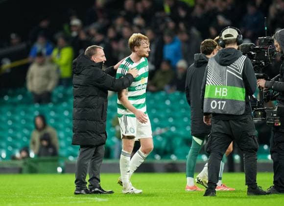 Celtic Manager Brendan Rodgers with Liam Scales of Celtic at full-time. Final score Celtic 2 Sturm Graz 1. Celtic v Sturm Graz, UEFA Europa League, Group Stage, Football, Celtic Park, Glasgow, Scotland, UK - 23 Oct 2025Glasgow Celtic Park United Kingdom EDITORIAL USE ONLY No use with unauthorised audio, video, data, fixture lists, club league logos or live services. Online in-match use limited to 120 images, no video emulation. No use in betting, games or single club league player publications. Copyright: xStuartxWallace Shutterstockx 15567786dl