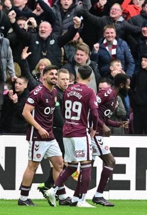 Hearts players celebrate their first goal Heart of Midlothian v Celtic, William Hill Scottish Premiership, Football, Tynecastle Park, Edinburgh, Scotland, UK - 26 Oct 2025Edinburgh Tynecastle Park United Kingdom EDITORIAL USE ONLY No use with unauthorised audio, video, data, fixture lists, club league logos or live services. Online in-match use limited to 120 images, no video emulation. No use in betting, games or single club league player publications. Copyright: xMarkxRunnacles Shutterstockx 15593438cd
