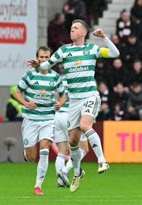 Celtic captain Callum McGregor celebrates their first goal Heart of Midlothian v Celtic, William Hill Scottish Premiership, Football, Tynecastle Park, Edinburgh, Scotland, UK - 26 Oct 2025Edinburgh Tynecastle Park United Kingdom EDITORIAL USE ONLY No use with unauthorised audio, video, data, fixture lists, club league logos or live services. Online in-match use limited to 120 images, no video emulation. No use in betting, games or single club league player publications. Copyright: xMarkxRunnacles Shutterstockx 15593438cl