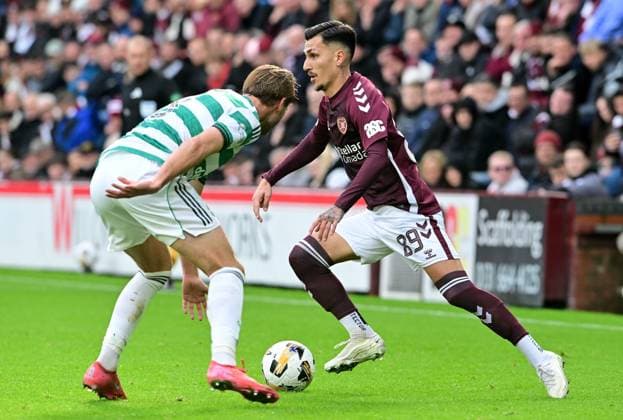 Alexander Kyziridis of Heart of Midlothian and Benjamin Nygren of Celtic Heart of Midlothian v Celtic, William Hill Scottish Premiership, Football, Tynecastle Park, Edinburgh, Scotland, UK - 26 Oct 2025Edinburgh Tynecastle Park United Kingdom EDITORIAL USE ONLY No use with unauthorised audio, video, data, fixture lists, club league logos or live services. Online in-match use limited to 120 images, no video emulation. No use in betting, games or single club league player publications. Copyright: xMarkxRunnacles Shutterstockx 15593438cs