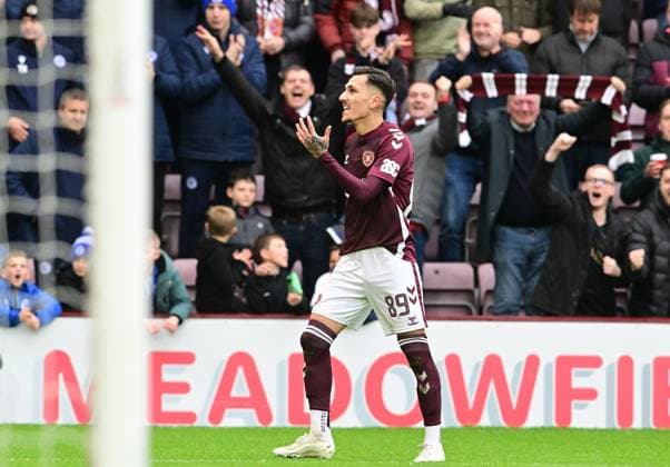 Alexander Kyziridis of Heart of Midlothian celebrates scoring Heart of Midlothian v Celtic, William Hill Scottish Premiership, Football, Tynecastle Park, Edinburgh, Scotland, UK - 26 Oct 2025Edinburgh Tynecastle Park United Kingdom EDITORIAL USE ONLY No use with unauthorised audio, video, data, fixture lists, club league logos or live services. Online in-match use limited to 120 images, no video emulation. No use in betting, games or single club league player publications. Copyright: xMarkxRunnacles Shutterstockx 15593438dy