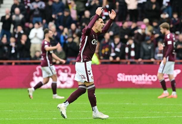 Alexander Kyziridis of Heart of Midlothian celebrates scoring Heart of Midlothian v Celtic, William Hill Scottish Premiership, Football, Tynecastle Park, Edinburgh, Scotland, UK - 26 Oct 2025Edinburgh Tynecastle Park United Kingdom EDITORIAL USE ONLY No use with unauthorised audio, video, data, fixture lists, club league logos or live services. Online in-match use limited to 120 images, no video emulation. No use in betting, games or single club league player publications. Copyright: xMarkxRunnacles Shutterstockx 15593438dz