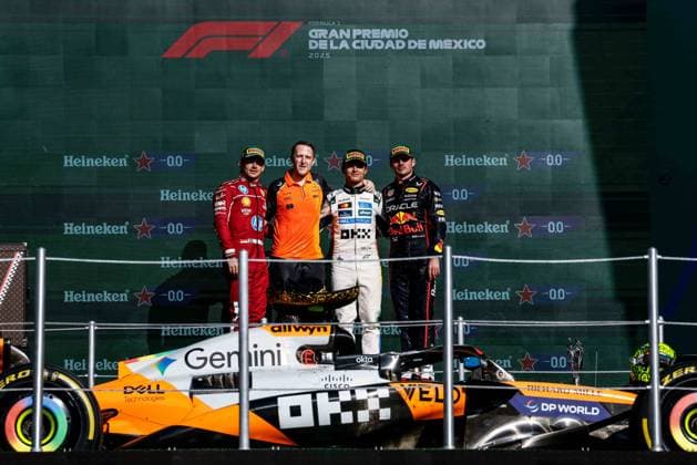 F1 - MEXICO CITY GRAND PRIX 2025 LECLERC Charles (mco), Scuderia Ferrari SF-25, portrait, NORRIS Lando (gbr), McLaren F1 Team MCL39, portrait and VERSTAPPEN Max (ned), Red Bull Racing RB21, portrait podium during the 2025 Formula 1 Mexico City Grand Prix, 20th round of the 2025 FIA Formula One World Championship, WM, Weltmeisterschaft from October 24 to 26, 2025 on the Autodromo Hermanos Rodriguez, in Mexico City, Mexico - Mexico CityMexico Copyright: xJavierxJimenezx