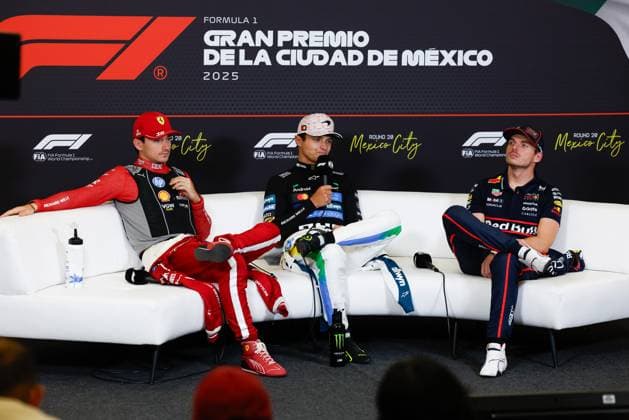 F1 - MEXICO CITY GRAND PRIX 2025 LECLERC Charles (mco), Scuderia Ferrari SF-25, portrait, NORRIS Lando (gbr), McLaren F1 Team MCL39, portrait, VERSTAPPEN Max (ned), Red Bull Racing RB21, portrait in the press conference, PK, Pressekonferenz during the 2025 Formula 1 Mexico City Grand Prix, 20th round of the 2025 FIA Formula One World Championship, WM, Weltmeisterschaft from October 24 to 26, 2025 on the Autodromo Hermanos Rodriguez, in Mexico City, Mexico - Mexico CityMexico Copyright: xJavierxJimenezx