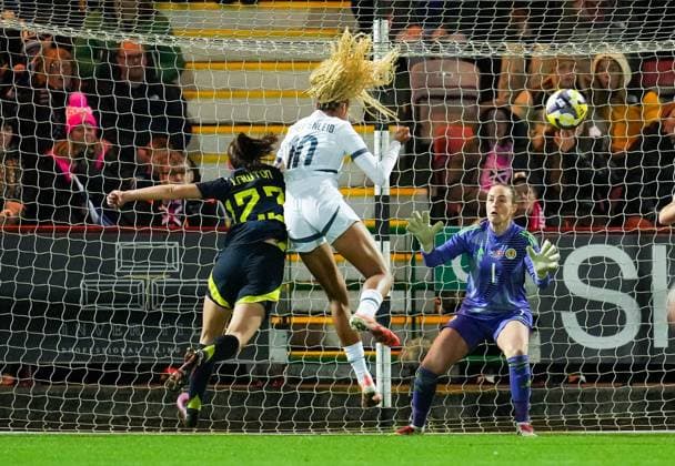 Sydney Scherbenleib of Switzerland Women heads past Scotland Women goalkeeper Lee Gibson while under pressure from Emma Lawton of Scotland Women andscores to give Switzerland a 0-1 lead. Scotland Women v Switzerland Women, International Friendly, Länderspiel, Nationalmannschaft Football, KDM Group East End Park, Dunfermline, Scotland, UK - 28 Oct 2025Dunfermline KDM Group East End Park Scotland United Kingdom EDITORIAL USE ONLY No use with unauthorised audio, video, data, fixture lists, club league logos or live services. Online in-match use limited to 120 images, no video emulation. No use in betting, games or single club league player publications. Copyright: xStuartxWallace Shutterstockx 15623644i