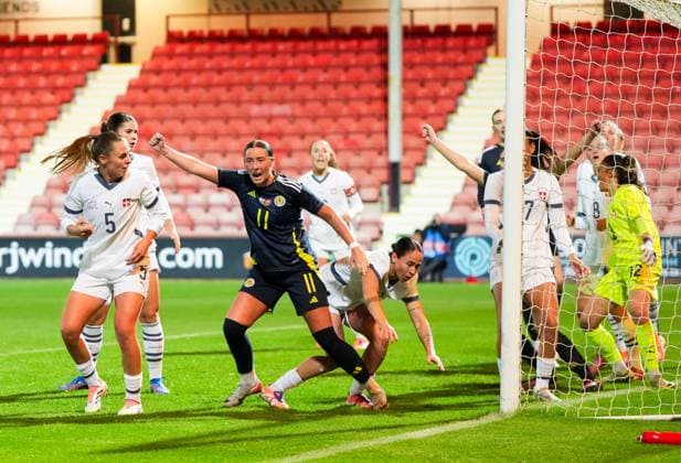 Kathleen McGovern of Scotland Women scores to tie the game 2-2. Scotland Women v Switzerland Women, International Friendly, Länderspiel, Nationalmannschaft Football, KDM Group East End Park, Dunfermline, Scotland, UK - 28 Oct 2025Dunfermline KDM Group East End Park Scotland United Kingdom EDITORIAL USE ONLY No use with unauthorised audio, video, data, fixture lists, club league logos or live services. Online in-match use limited to 120 images, no video emulation. No use in betting, games or single club league player publications. Copyright: xStuartxWallace Shutterstockx 15623644ab