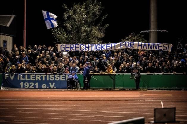 Football, Season 2025 2026, DFB Cup, Vöhlinstadion Illertissen, 2 Round, FV Illertissen 1 FC Magdeburg, 29 10 2025 29 10 2025, Football, Season 2025 2026, DFB Cup, Vöhlinstadion Illertissen, 2 Round, FV Illertissen 1 FC Magdeburg, Fans Fankurve Heimkurve FV Illertissen with a banner Justice for Hannes Photo Lucca Fundel Illertissen Vöhlinstadion Bayern Germany