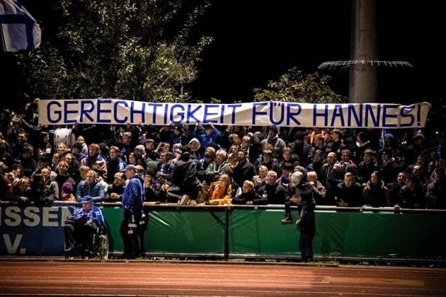Football, Season 2025 2026, DFB Cup, Vöhlinstadion Illertissen, 2 Round, FV Illertissen 1 FC Magdeburg, 29 10 2025 29 10 2025, Football, Season 2025 2026, DFB Cup, Vöhlinstadion Illertissen, 2 Round, FV Illertissen 1 FC Magdeburg, Fans Fankurve Heimkurve FV Illertissen with a banner Justice for Hannes Photo Lucca Fundel Illertissen Vöhlinstadion Bayern Germany