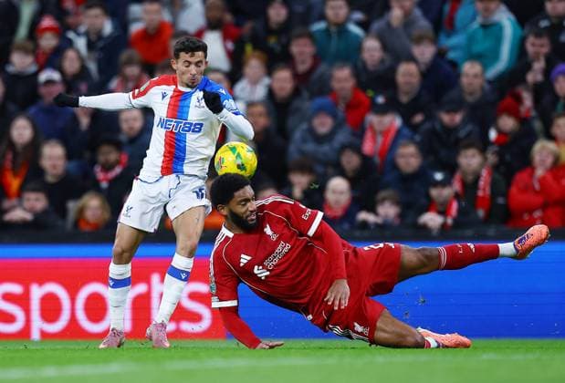 Yeremi Pino of Crystal Palace and Joe Gomez of Liverpool Liverpool v Crystal Palace, EFL Carabao Cup, Fourth Round, Football, Anfield, Liverpool, UK - 29 Oct 2025Liverpool Anfield United Kingdom EDITORIAL USE ONLY No use with unauthorised audio, video, data, fixture lists, club league logos or live services. Online in-match use limited to 120 images, no video emulation. No use in betting, games or single club league player publications. Copyright: xMattxWest Shutterstockx 15627839bt