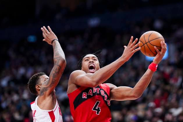 October 29, 2025, Toronto, On, Canada: Toronto Raptors forward Scottie Barnes (4) drives the net against Houston Rockets forward Jabari Smith Jr. (10) during the second half of preseason NBA, Basketball Herren, USA basketball action in Toronto, Wednesday, Oct. 29, 2025. Scottie Barnes, Jabari Smith Jr. - ZUMAc35_ 20251029_zaf_c35_163 Copyright: xThomasxSkrljx