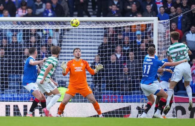 Johnny Kenny of Celtic scores past Rangers goalkeeper Jack Butland with a header to give Celtic a 1-0 lead during the Premier Sports Cup Semi Final match between Celtic & Rangers at Hampden Park, Glasgow, UK on Sunday 02 November 2025. Celtic v Rangers, William Hill Scottish Premiership, Football, Celtic Park, Glasgow, Scotland, UK - 02 Nov 2025Glasgow Celtic Park United Kingdom EDITORIAL USE ONLY No use with unauthorised audio, video, data, fixture lists, club league logos or live services. Online in-match use limited to 120 images, no video emulation. No use in betting, games or single club league player publications. Copyright: xStuartxWallace Shutterstockx 15641488be