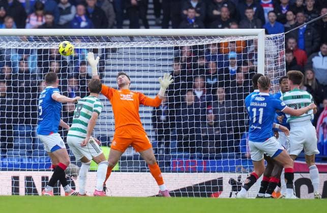 Johnny Kenny of Celtic scores past Rangers goalkeeper Jack Butland with a header to give Celtic a 1-0 lead during the Premier Sports Cup Semi Final match between Celtic & Rangers at Hampden Park, Glasgow, UK on Sunday 02 November 2025. Celtic v Rangers, William Hill Scottish Premiership, Football, Celtic Park, Glasgow, Scotland, UK - 02 Nov 2025Glasgow Celtic Park United Kingdom EDITORIAL USE ONLY No use with unauthorised audio, video, data, fixture lists, club league logos or live services. Online in-match use limited to 120 images, no video emulation. No use in betting, games or single club league player publications. Copyright: xStuartxWallace Shutterstockx 15641488bh
