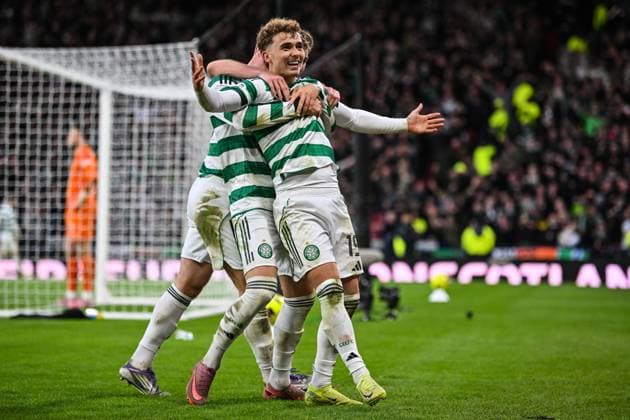 Shin Yamada of Celtic celebrates with teammates after scoring his teams third goal of the game during the Premier Sports Cup Semi Final match match between Celtic and Rangers at Hampden Park, Glasgow, UK on Sunday 2nd November 2025. Celtic v Rangers, William Hill Scottish Premiership, Football, Celtic Park, Glasgow, Scotland, UK - 02 Nov 2025Glasgow Celtic Park United Kingdom EDITORIAL USE ONLY No use with unauthorised audio, video, data, fixture lists, club league logos or live services. Online in-match use limited to 120 images, no video emulation. No use in betting, games or single club league player publications. Copyright: xAndyxBuchanan Shutterstockx 15652993ar