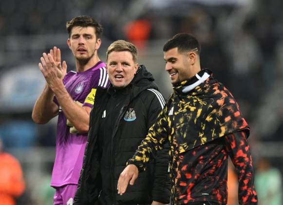 Eddie Howe manager of Newcastle United shares a joke with Bruno Guimaraes of Newcastle United Newcastle United v Athletic Bilbao, UEFA Champions League, Group Stage, Football, St James Park, Newcastle, UK - 05 Nov 2025Newcastle St James Park United Kingdom EDITORIAL USE ONLY No use with unauthorised audio, video, data, fixture lists, club league logos or live services. Online in-match use limited to 120 images, no video emulation. No use in betting, games or single club league player publications. Copyright: xRichardxLee Shutterstockx 15642192bh