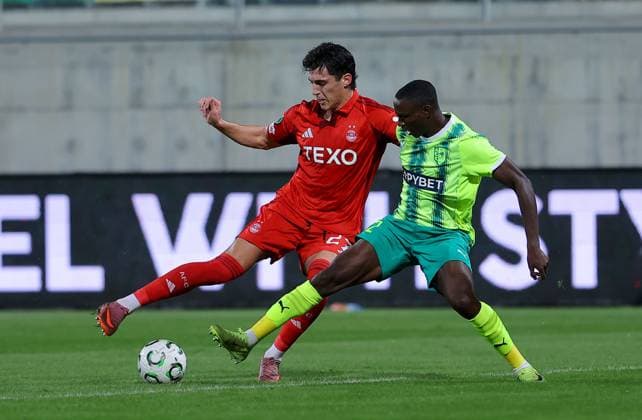 Marko Lazetic of Aberdeen (left) in action against Elohor Godswill of AEK Larnaca AEK Larnaca v Aberdeen, UEFA Conference League, Group Stage, Football, AEK Arena, Larnaca, Cyprus - 06 Nov 2025Larnaca AEK Arena Cyprus EDITORIAL USE ONLY No use with unauthorised audio, video, data, fixture lists, club league logos or live services. Online in-match use limited to 120 images, no video emulation. No use in betting, games or single club league player publications. Copyright: xCharaxSavvides Shutterstockx 15642241ar