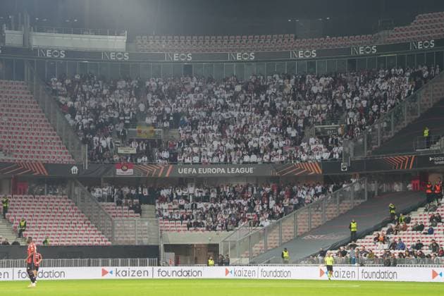 According to reports from the Freiburg fan scene, there was police violence, the Ultras are not in the guest block in the stands , France, Football, UEFA Europa League, Matchday 4, League phase, 2025 2026, OGC Nice vs SC Freiburg, 06 11 2025, Allianz Riviera, Nice, France Nice Allianz Riviera Provence Alpes Côte d Azur, Cô France Copyright: xArnexAmbergx