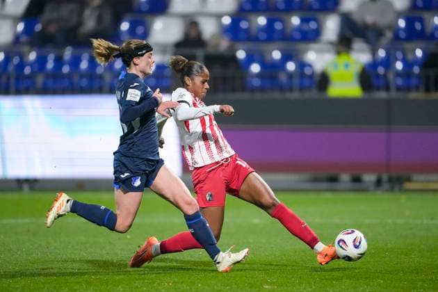 v li Wielle Douma Wianda Ellen Geertruida Douma, TSG, 13 , Aurelie Csillag Freiburg, 17 , duel, duel scene, duel, tackle, tackling, dynamics, action, action, 06 11 2025, Sinsheim Hoffenheim Germany , Soccer, Google Pixel Women Bundesliga, TSG 1899 Hoffenheim SC Freiburg, DFB DFL REGULATIONS PROHIBIT ANY USE OF PHOTOGRAPHS AS IMAGE SEQUENCES AND OR QUASI VIDEO xozx