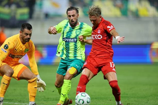 Riad Bajio of AEK Larnaca in action against Jesper Karlsson of Aberdeen AEK Larnaca v Aberdeen, UEFA Conference League, Group Stage, Football, AEK Arena, Larnaca, Cyprus - 06 Nov 2025Larnaca AEK Arena Cyprus EDITORIAL USE ONLY No use with unauthorised audio, video, data, fixture lists, club league logos or live services. Online in-match use limited to 120 images, no video emulation. No use in betting, games or single club league player publications. Copyright: xCharaxSavvides Shutterstockx 15642241cn