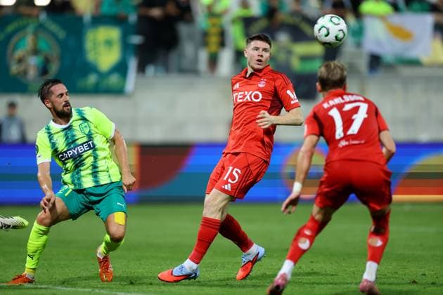 Jorge Miramon of AEK Larnaca in action against Kevin Nisbet of Aberdeen (centre), Jesper Karlsson of Aberdeen AEK Larnaca v Aberdeen, UEFA Conference League, Group Stage, Football, AEK Arena, Larnaca, Cyprus - 06 Nov 2025Larnaca AEK Arena Cyprus EDITORIAL USE ONLY No use with unauthorised audio, video, data, fixture lists, club league logos or live services. Online in-match use limited to 120 images, no video emulation. No use in betting, games or single club league player publications. Copyright: xCharaxSavvides Shutterstockx 15642241cj