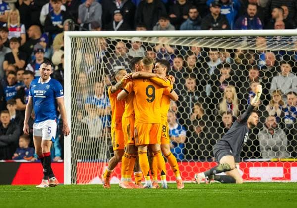 Roma players celebrate after Lorenzo Pellegrini scored to give Roma a 0-2 lead. Rangers v Roma, UEFA Europa League, Group Stage, Football, Ibrox Stadium, Glasgow, Scotland, UK - 06 Nov 2025Glasgow Ibrox Scotland United Kingdom EDITORIAL USE ONLY No use with unauthorised audio, video, data, fixture lists, club league logos or live services. Online in-match use limited to 120 images, no video emulation. No use in betting, games or single club league player publications. Copyright: xStuartxWallace Shutterstockx 15642261ae