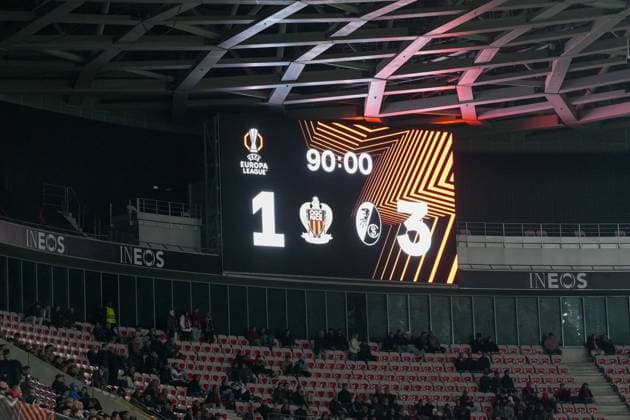 Final result, Videowall , France, Football, UEFA Europa League, Matchday 4, League phase, 2025 2026, OGC Nice vs SC Freiburg, 06 11 2025, Allianz Riviera, Nice, France Nice Allianz Riviera Provence Alpes Côte d Azur, CÃ France Copyright: xArnexAmbergx