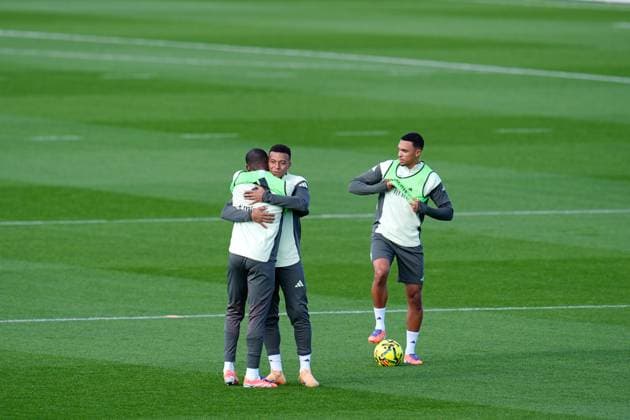 November 8, 2025, Valdebebas, Madrid, Spain: Kylian Mbappe and David Alaba during the Real Madrid training session ahead their upcoming Spanish League, LaLiga EA Sports, football match against Rayo Vallecano at Ciudad Deportiva Real Madrid on November 8, 2025, in Valdebebas, Madrid, Spain. Valdebebas Spain - ZUMAa181 20251108_zaa_a181_026 Copyright: xDennisxAgyemanx