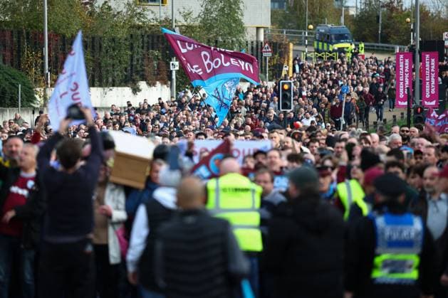 West Ham United fans hold a protest outside the ground against the Owners and Board of West Ham United West Ham United v Burnley, Premier League, Football, London Stadium, London, UK - 08 Nov 2025London London Stadium United Kingdom EDITORIAL USE ONLY No use with unauthorised audio, video, data, fixture lists, club league logos or live services. Online in-match use limited to 120 images, no video emulation. No use in betting, games or single club league player publications. Copyright: xSimonxDael Shutterstockx 15701686g