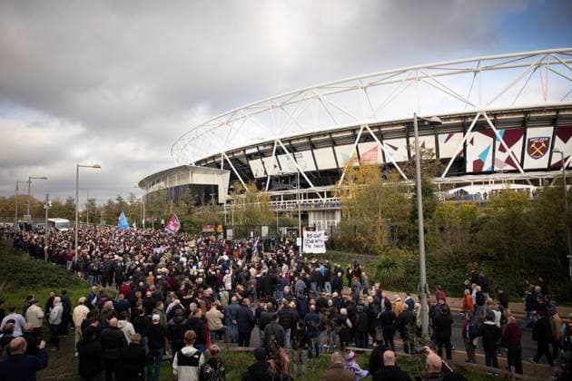 West Ham United fans hold a protest outside the ground against the Owners and Board of West Ham United West Ham United v Burnley, Premier League, Football, London Stadium, London, UK - 08 Nov 2025London London Stadium United Kingdom EDITORIAL USE ONLY No use with unauthorised audio, video, data, fixture lists, club league logos or live services. Online in-match use limited to 120 images, no video emulation. No use in betting, games or single club league player publications. Copyright: xSimonxDael Shutterstockx 15701686t
