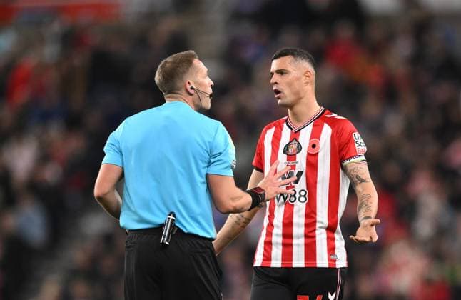 Granit Xhaka of Sunderland protests to the referee Sunderland v Arsenal, Premier League, Football, Stadium of Light, Sunderland, UK - 08 Nov 2025Sunderland Stadium of Light United Kingdom EDITORIAL USE ONLY No use with unauthorised audio, video, data, fixture lists, club league logos or live services. Online in-match use limited to 120 images, no video emulation. No use in betting, games or single club league player publications. Copyright: xRichardxLee Shutterstockx 15702163x