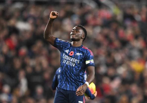 Bukayo Saka of Arsenal celebrates scoring their first goal Sunderland v Arsenal, Premier League, Football, Stadium of Light, Sunderland, UK - 08 Nov 2025Sunderland Stadium of Light United Kingdom EDITORIAL USE ONLY No use with unauthorised audio, video, data, fixture lists, club league logos or live services. Online in-match use limited to 120 images, no video emulation. No use in betting, games or single club league player publications. Copyright: xRichardxLee Shutterstockx 15702163au