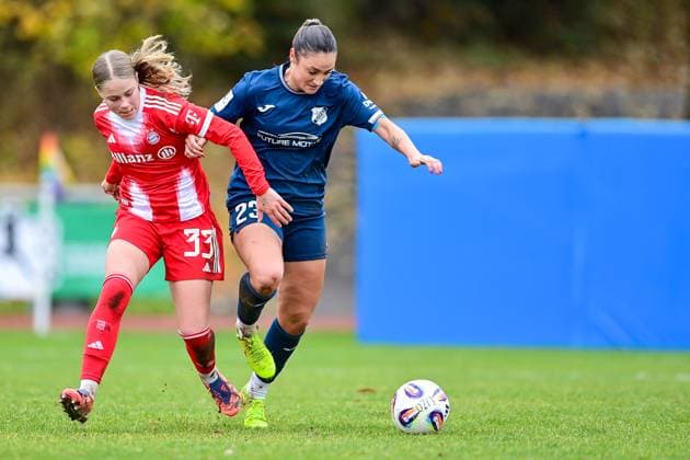 v li Greta Huenten FCB, 33 Ivana Slipcevic Sand, 23 in duel, duel, tackle, dynamic, action, action, 09 11 2025, Aschheim Germany , Soccer,2 Women Bundesliga, FC Bayern München II SC Sand, DFB DFL REGULATIONS PROHIBIT ANY USE OF PHOTOGRAPHS AS IMAGE SEQUENCES AND OR QUASI VIDEO xslx