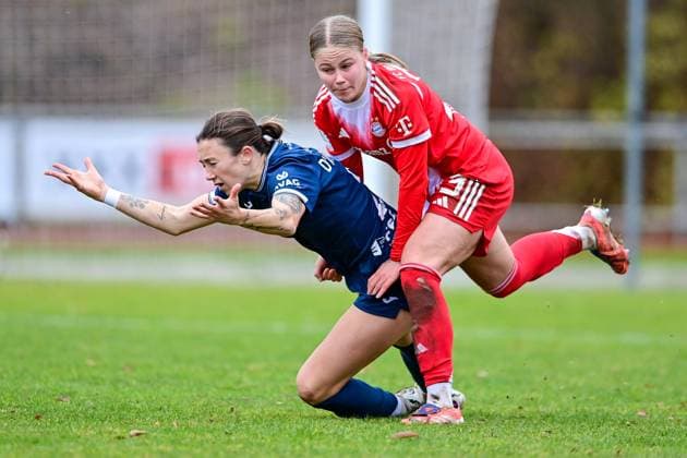 v li Sara D Appolonia Sand, 2 Greta Huenten FCB, 33 in duel, duel, tackle, dynamic, action, action, 09 11 2025, Aschheim Germany , Soccer,2 Women Bundesliga, FC Bayern München II SC Sand, DFB DFL REGULATIONS PROHIBIT ANY USE OF PHOTOGRAPHS AS IMAGE SEQUENCES AND OR QUASI VIDEO xslx