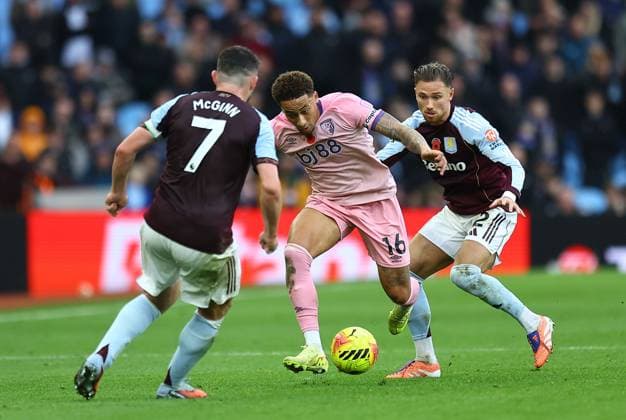 Marcus Tavernier of Bournemouth competes for the ball with Matty Cash of Aston Villa Aston Villa v AFC Bournemouth, Premier League, Football, Villa Park, Birmingham, UK - 09 Nov 2025Birmingham Villa Park United Kingdom EDITORIAL USE ONLY No use with unauthorised audio, video, data, fixture lists, club league logos or live services. Online in-match use limited to 120 images, no video emulation. No use in betting, games or single club league player publications. Copyright: xMichaelxZemanek Shutterstockx 15702250x