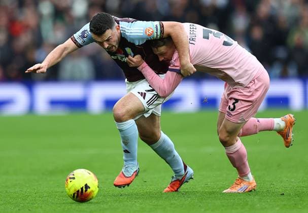 John McGinn of Aston Villa competes for the ball with Adrien Truffert of Bournemouth Aston Villa v AFC Bournemouth, Premier League, Football, Villa Park, Birmingham, UK - 09 Nov 2025Birmingham Villa Park United Kingdom EDITORIAL USE ONLY No use with unauthorised audio, video, data, fixture lists, club league logos or live services. Online in-match use limited to 120 images, no video emulation. No use in betting, games or single club league player publications. Copyright: xMichaelxZemanek Shutterstockx 15702250ab