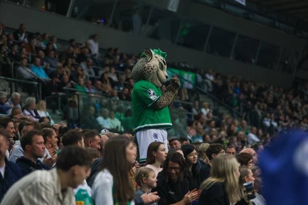 Mascot Balleo SC DHfK Leipzig creates atmosphere in the fan block, SC DHfK Leipzig vs Fuechse Berlin, Handball, 1 Bundesliga, Matchday 11, Season 2025 2026, 09 11 2025, SC DHfK Leipzig vs Fuechse Berlin, Handball, 1 Bundesliga, Matchday 11, Season 2025 2026, 09 11 2025 Leipzig Copyright: xEibner-Pressefoto LauraxRoemerx EP_LRR