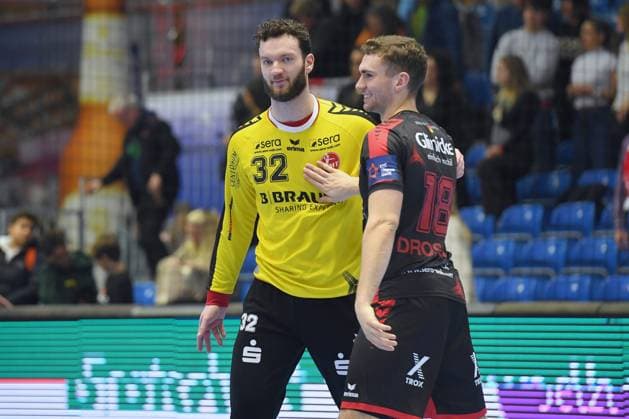 Cheering, joy after the victory Kristof Palasics Goalkeeper MT Melsungen 3 L and Florian Drosten MT Melsungen 18 , GER, MT Melsungen Ferencvarosi Torna Club Green Collect Budapest HUN l, Handball, EHF European League Maenner, Group Matches, Season 2025 2026, 11 11 2025, GER, MT Melsungen FTC Green Collect, Handball, EHF Maenner, Group Matches, Season 2025 2026, 11 11 2025 Kassel Copyright: xEibner-Pressefotox xRolandxSippex EP_RSL