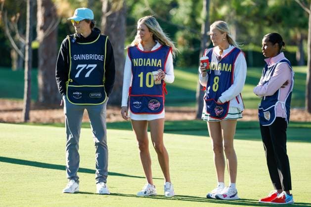 November 12, 2025, Belleair, Florida, USA: From left to right, NASCAR, Motorsport, USA driver Carson Hocevar, Indiana Fever guard Lexie Hull, Indiana Fever guard Sophie Cunningham, and U.S. Soccer legend Briana Scurry, watch their group play on hole one during The ANNIKA driven by Gainbridge Pro-Am at the Pelican Golf Club at on Wednesday, Nov. 12, 2025, in Belleair. Belleair USA - ZUMAs70_ 20251112_zan_s70_018 Copyright: xJeffereexWoox