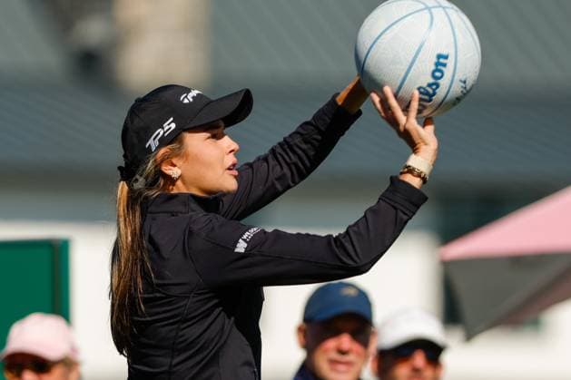 November 12, 2025, Belleair, Florida, USA: Kai Trump, the granddaughter of President Trump, takes a shot with a basketball, before she tees off on the 10th hole during The ANNIKA driven by Gainbridge Pro-Am at the Pelican Golf Club at on Wednesday, Nov. 12, 2025, in Belleair. Belleair USA - ZUMAs70_ 20251112_zan_s70_022 Copyright: xJeffereexWoox