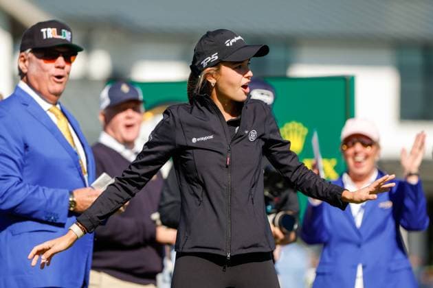 November 12, 2025, Belleair, Florida, USA: Kai Trump, the granddaughter of President Trump, reacts, after she makes a basket, before she tees off on the 10th hole during The ANNIKA driven by Gainbridge Pro-Am at the Pelican Golf Club at on Wednesday, Nov. 12, 2025, in Belleair. Belleair USA - ZUMAs70_ 20251112_zan_s70_023 Copyright: xJeffereexWoox